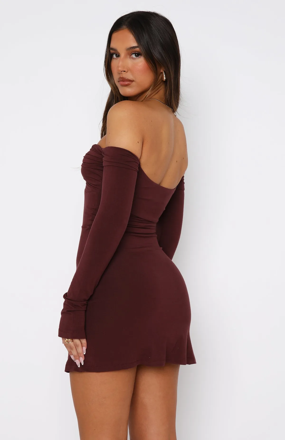 Running Out Of Time Off Shoulder Long Sleeve Mini Dress Chocolate