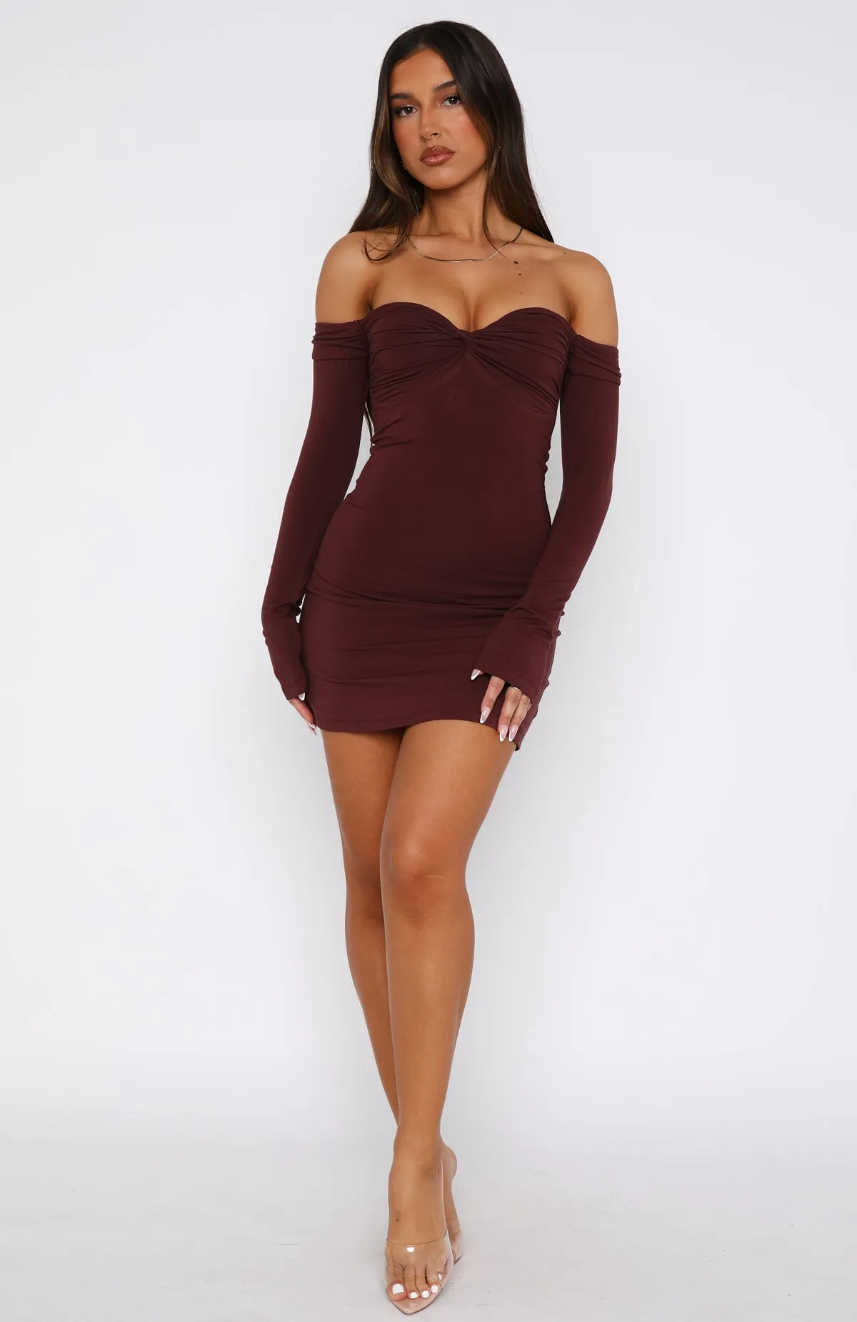 Running Out Of Time Off Shoulder Long Sleeve Mini Dress Chocolate