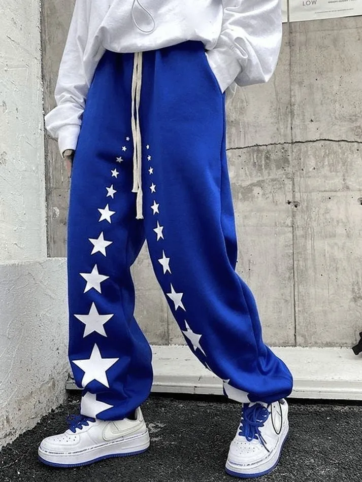 Star Printed Straight Fit Wide Leg Casual Fashion Trend Sweatpants Jogger For Mens