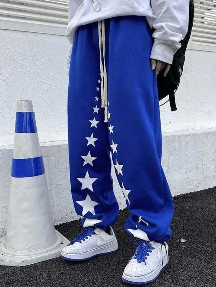 Star Printed Straight Fit Wide Leg Casual Fashion Trend Sweatpants Jogger For Mens