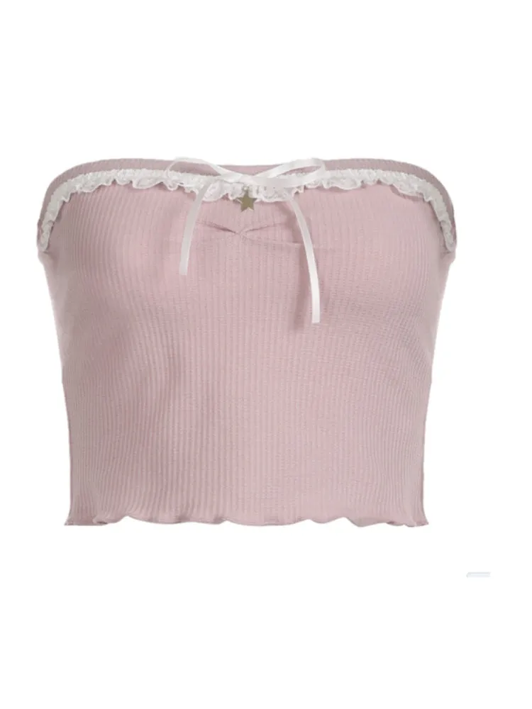 Sweet Cute Pink Lace Trim Bow Top