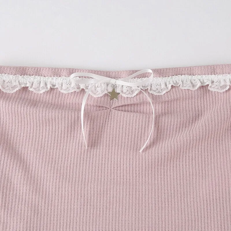 Sweet Cute Pink Lace Trim Bow Top