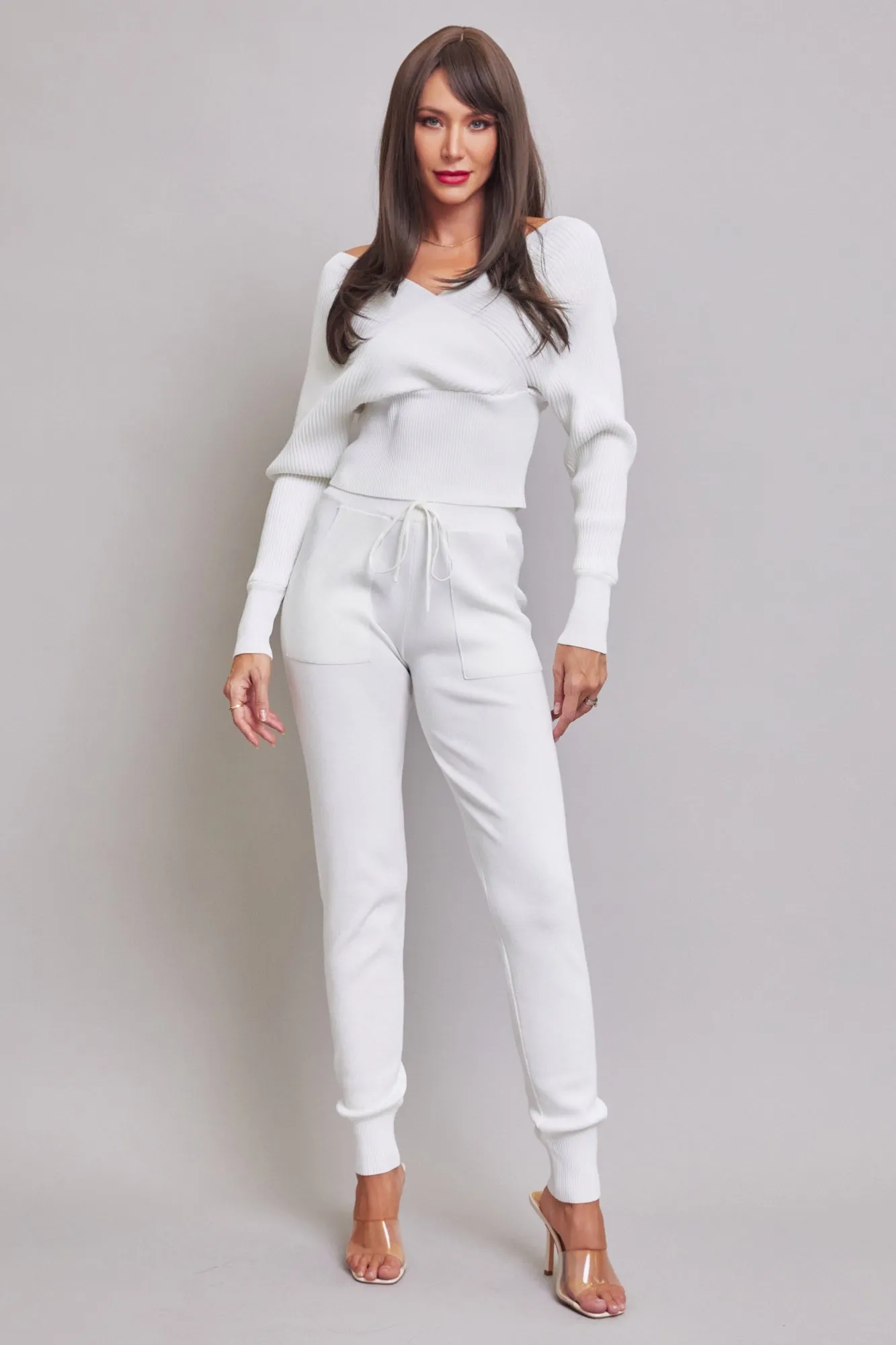 White Knit Long Slv Top And Jogger Pants Set