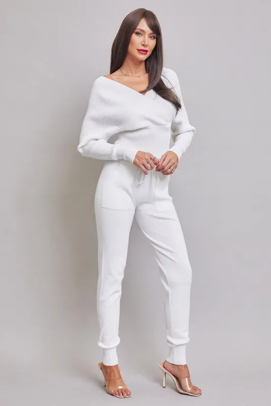 White Knit Long Slv Top And Jogger Pants Set