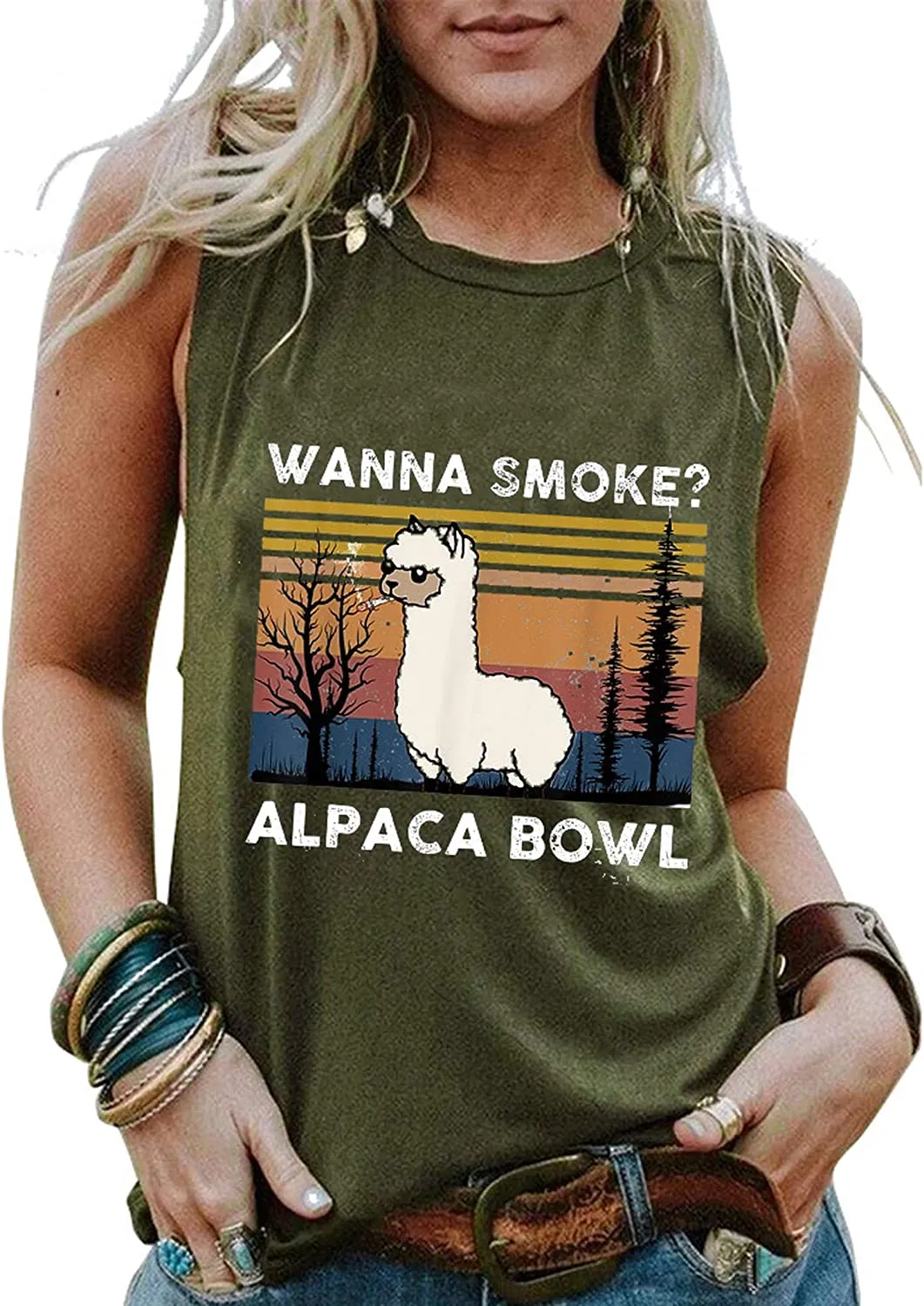 Women Wanna Smoke Alpaca Bowl Tank Tops Vintage Alpaca Bowl Graphic Shirt