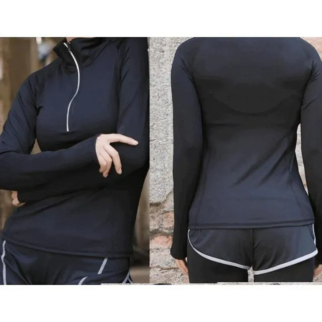 Women Yoga Shirt Autumn Solid Stand Collar Zipper Thumb Hole Running Jacket