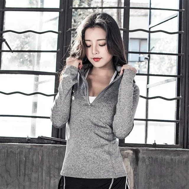 Women Yoga Shirt Autumn Solid Stand Collar Zipper Thumb Hole Running Jacket