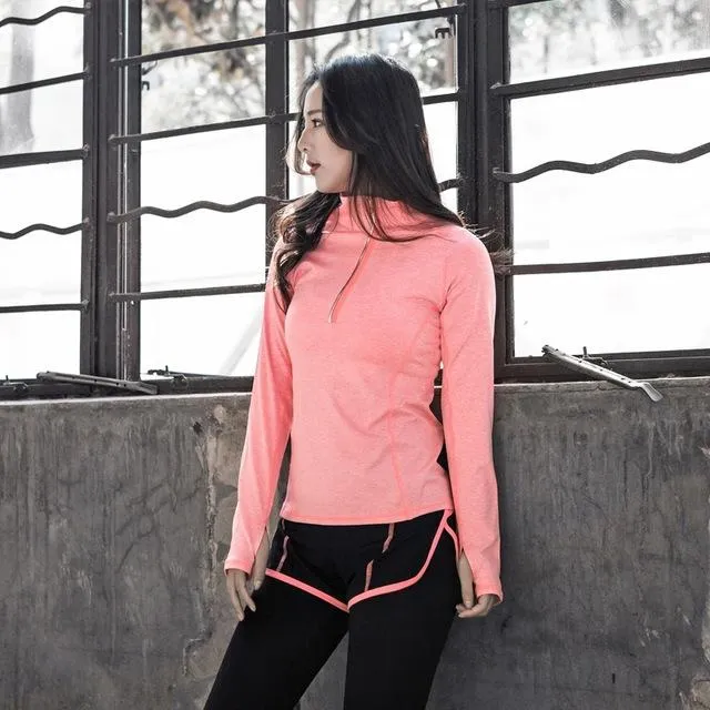 Women Yoga Shirt Autumn Solid Stand Collar Zipper Thumb Hole Running Jacket