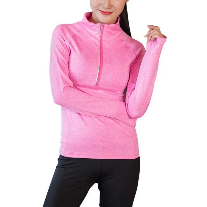 Women Yoga Shirt Autumn Solid Stand Collar Zipper Thumb Hole Running Jacket